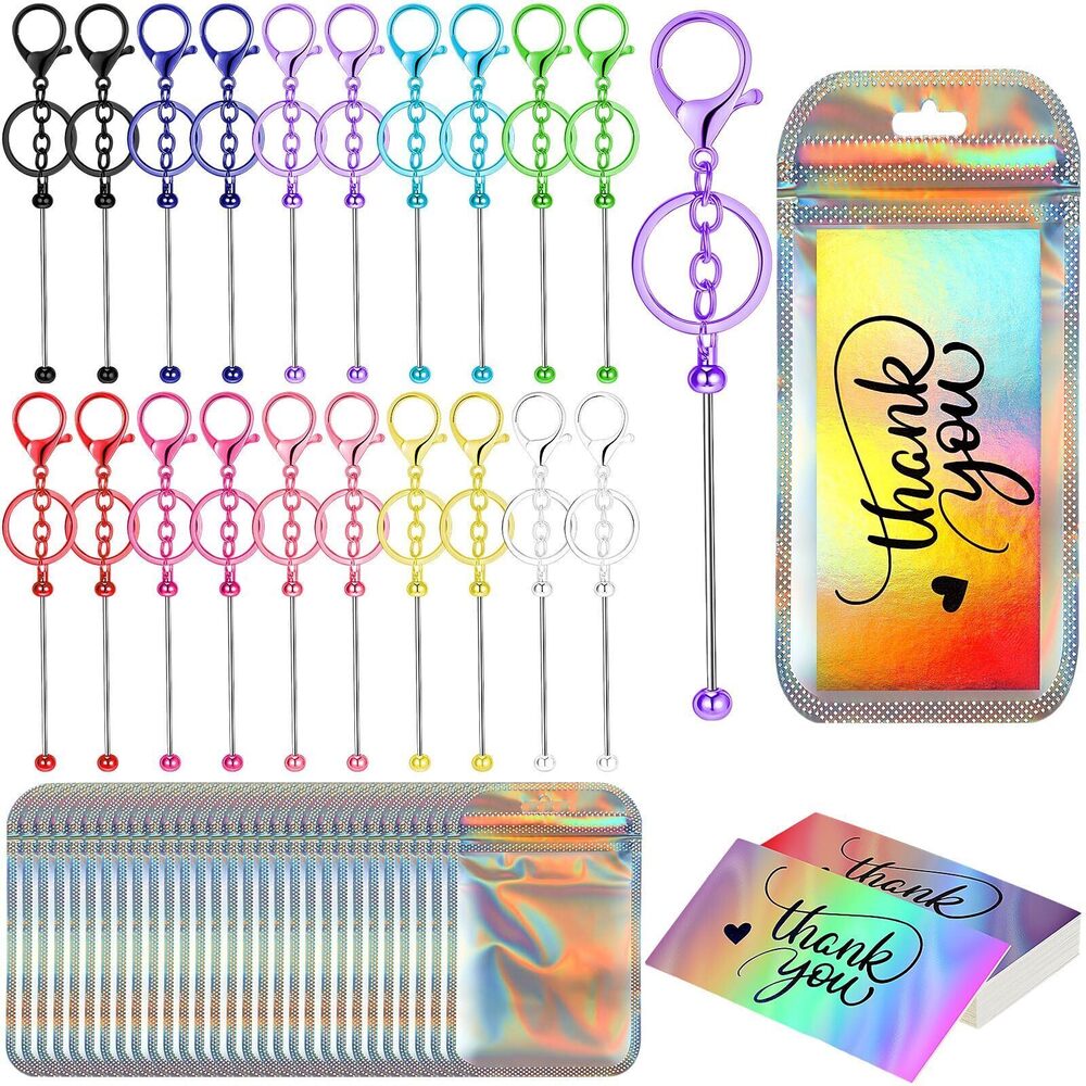3741 90 Pcs Beadable Keychain Bar Set Beaded Keychain Bulk Holographic